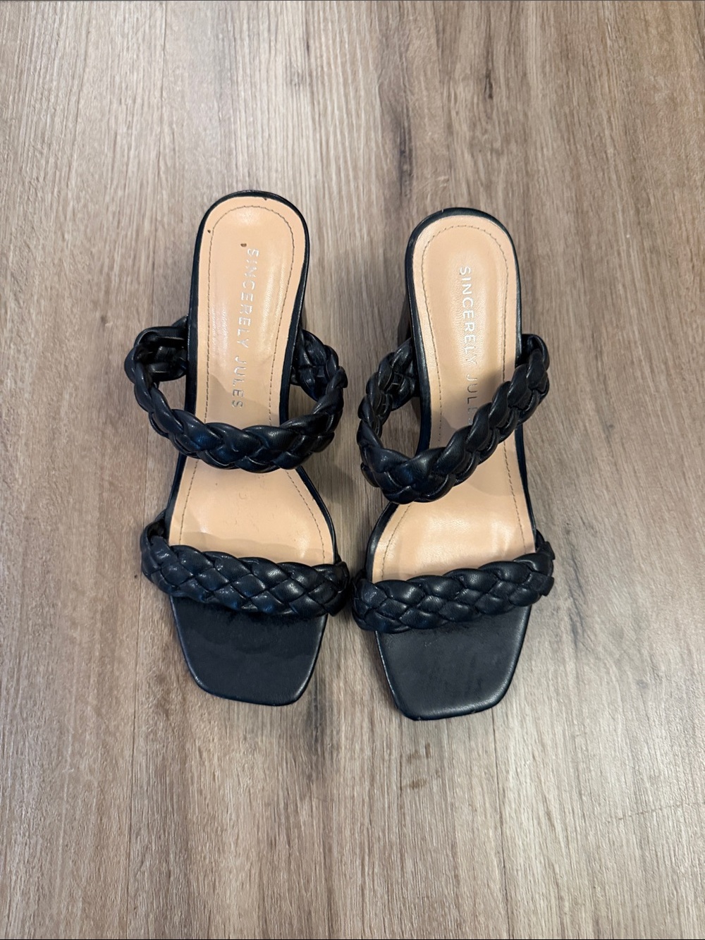 Sincerely Jules Black Braided Double-Strap Square-Toe Heels